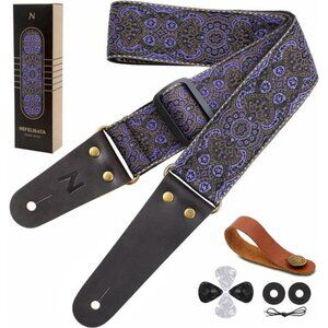 Vintage embroidered guitar strap cotton adjustable with picks locks button